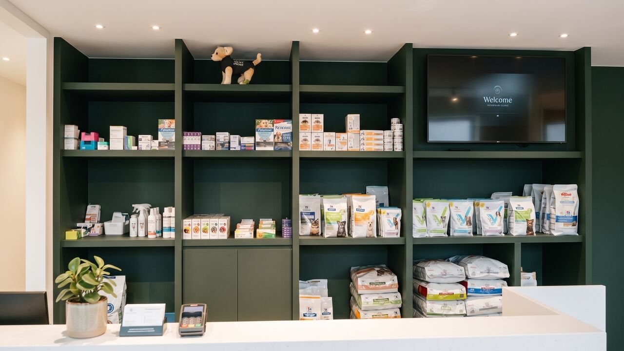 Comptoir d'accueil et rayon alimentation du centre VETCORNER