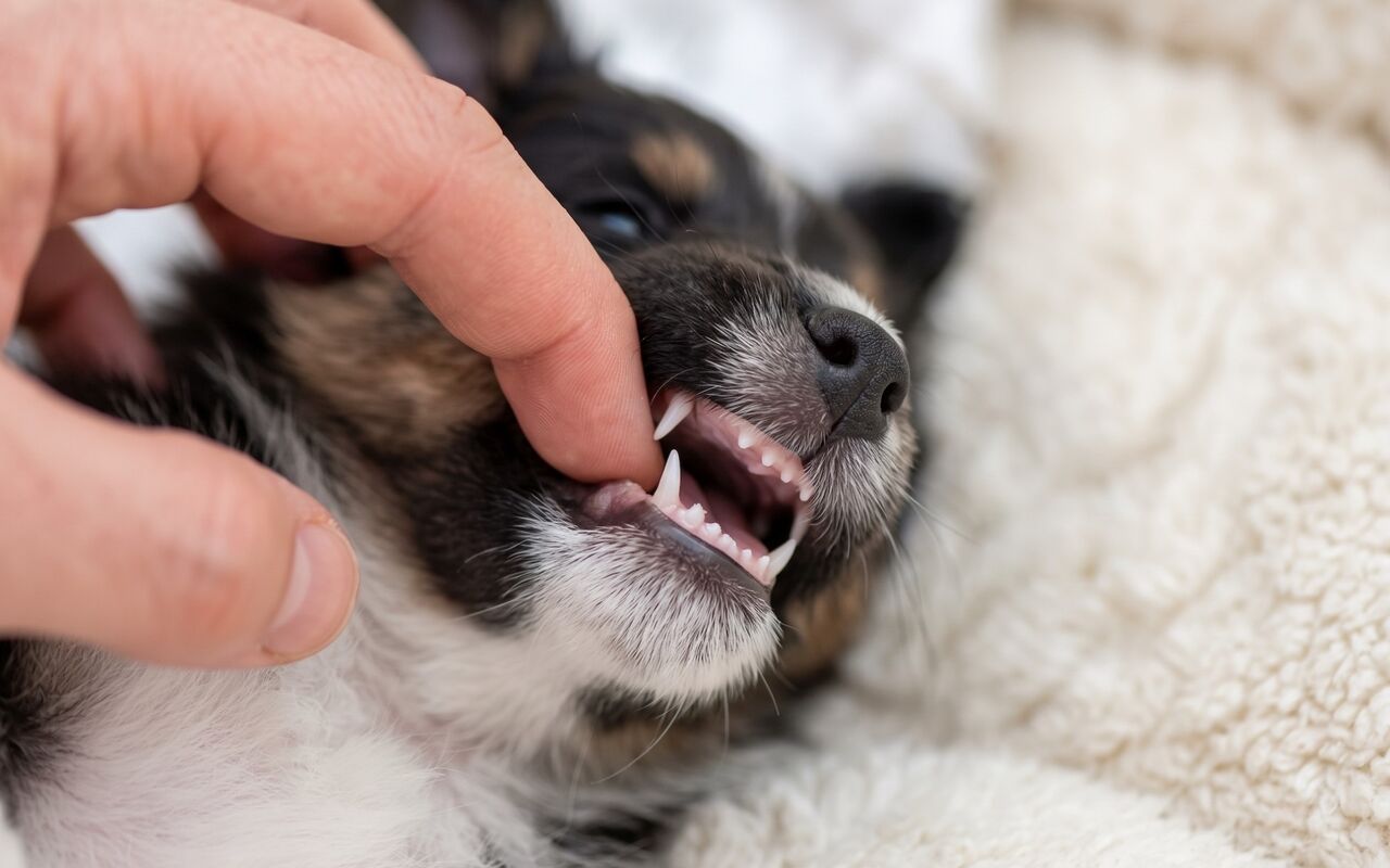 Controle van het melkgebit van een puppy