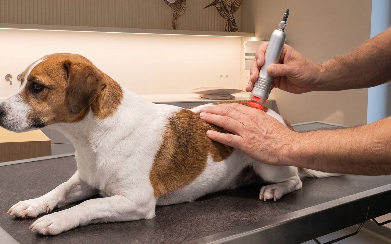 Lasertherapie op de rug van een hond op de behandeltafel