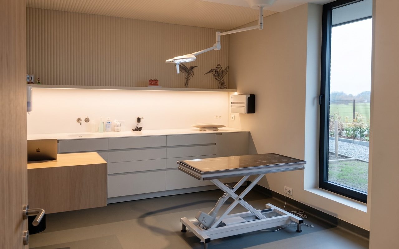 Consultatieruimte met in hoogte verstelbare onderzoekstafel en onderzoekslamp in de praktijk VETCORNER